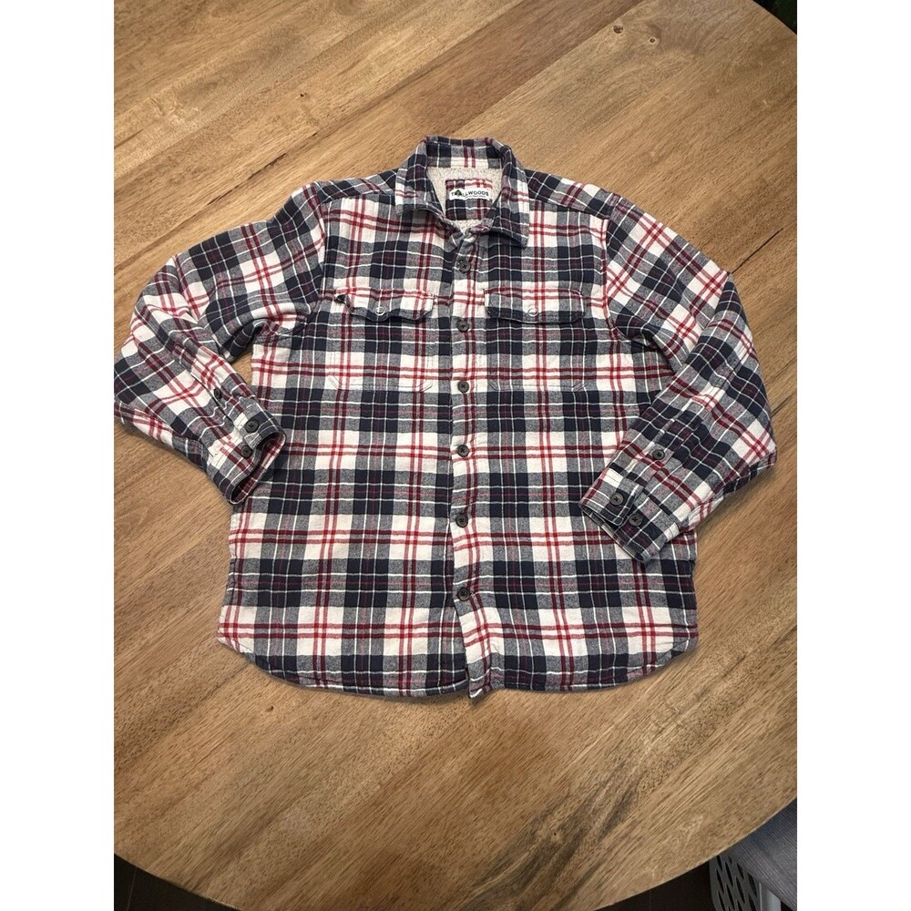 Tallwoods Fleece Lined Flannel Shirt Jacket Large Plaid Red Navy Blue Sherpa